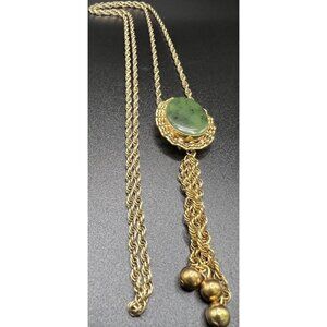 Demi-Fine Vintage 1969 Filigree & Jade Slider Tassel Pendant Necklace